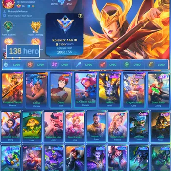 Mobile Legends: Bang Bang Accounts Smurf HERO 138 SKIN 180 | EMBLEM ALL MAX| COLECTOR PHARSA| VALE GARA| EPIC IRITEL