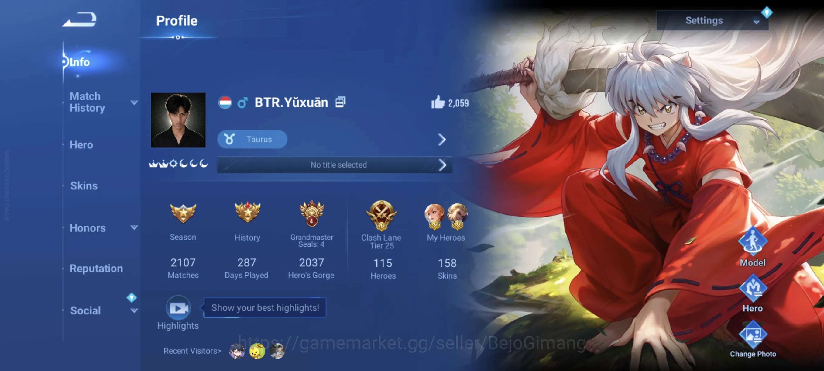Honor of Kings Accounts Rare Skin Global Hero 115 Skin 158: Jiji(Mozi) Inuyasha(Biron) Blessed Charlotte, LNY26 Dolia, KIC 1