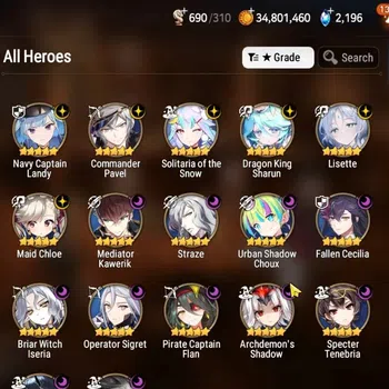 Epic Seven Accounts High-End GLOBAL UnVerif|17 ML(Lisete,Tidal Elvira,ZIO)+AUBE,Setsuka,Aram,Etc|AUTO W Hunt|302 SPD