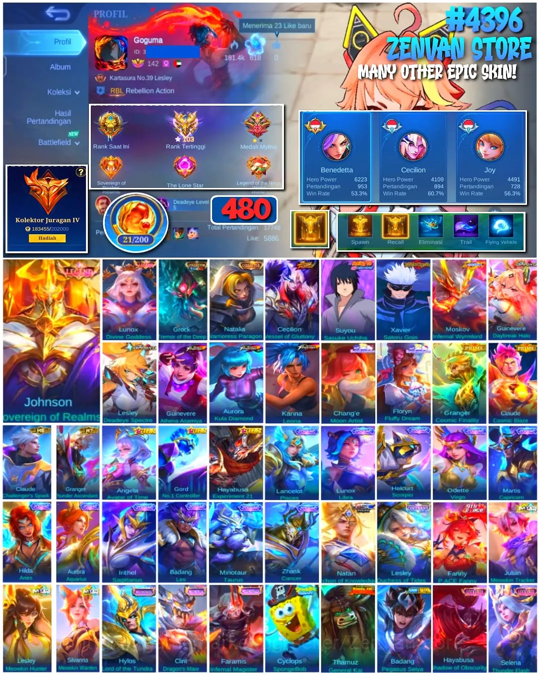 Mobile Legends: Bang Bang Accounts #4396 480 Skins | Johnson Sovereign of Realms (LEGEND) | Lunox Divine Goddess (LEGEND 1