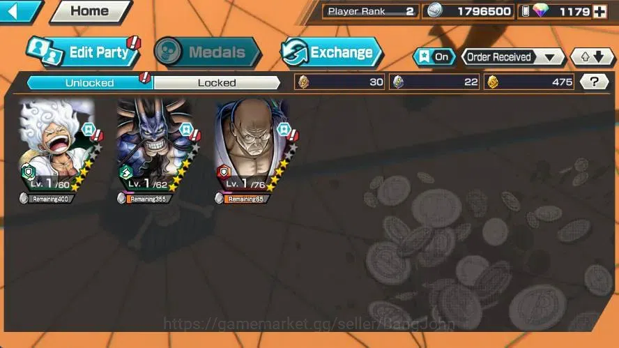 One Piece Bounty Rush Accounts High-End Global | EX 3 | PR 2 | Monkey D. Luffy, Kaido, St. Ethanbaron | RD 1179k | LogBandai 4