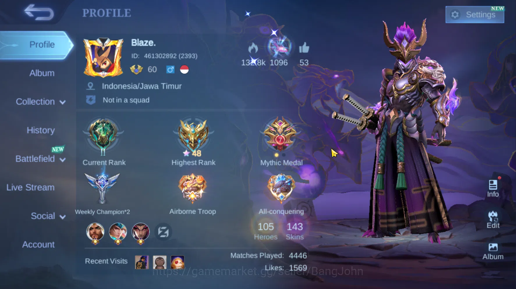 "Hero 105 | Skin 143 | Emblem All max | KOF Karina | LuckyBox Saber | Epic Lancelot | Epic Zilong | Saber Johnson | Epic Balmond ~ ML379B Mobile Legends: Bang Bang Others "Hero 105 | Skin 143 | Emblem All max | KOF Karina image 1