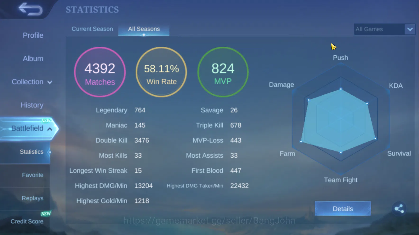 Mobile Legends: Bang Bang Accounts Others "Hero 105 | Skin 143 | Emblem All max | KOF Karina | LuckyBox Saber | Epic 2