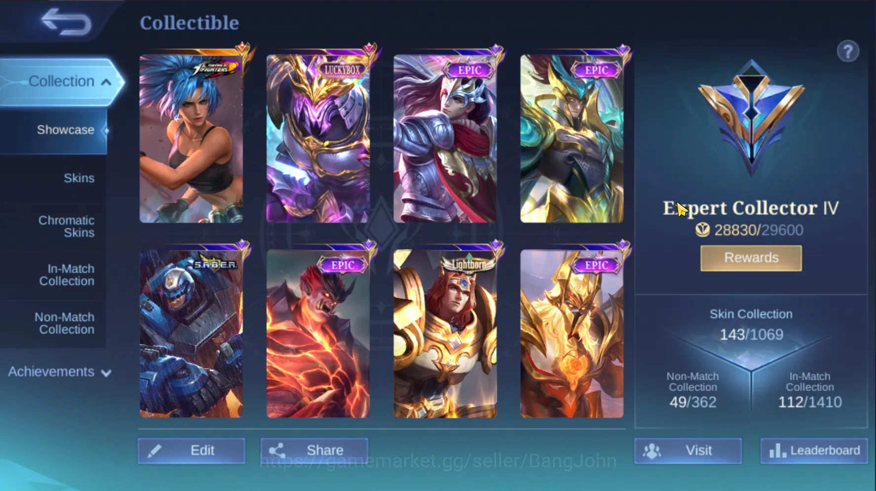 Mobile Legends: Bang Bang Accounts Others "Hero 105 | Skin 143 | Emblem All max | KOF Karina | LuckyBox Saber | Epic 4