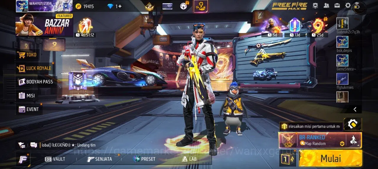 Free Fire Accounts Indonesia | SG GOLDEN GLARE VAULT 12 EMOTE 3 KATANA LOBY 1 TAS 6 WEAPON 18 | W067 1