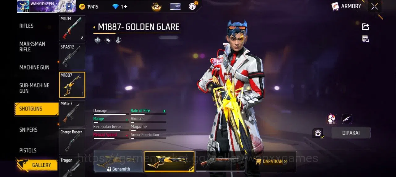 Free Fire Accounts Indonesia | SG GOLDEN GLARE VAULT 12 EMOTE 3 KATANA LOBY 1 TAS 6 WEAPON 18 | W067 3
