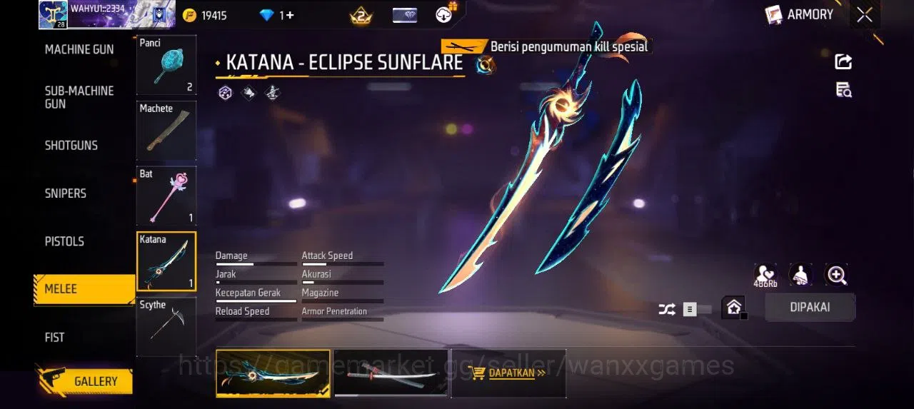 Free Fire Accounts Indonesia | SG GOLDEN GLARE VAULT 12 EMOTE 3 KATANA LOBY 1 TAS 6 WEAPON 18 | W067 4