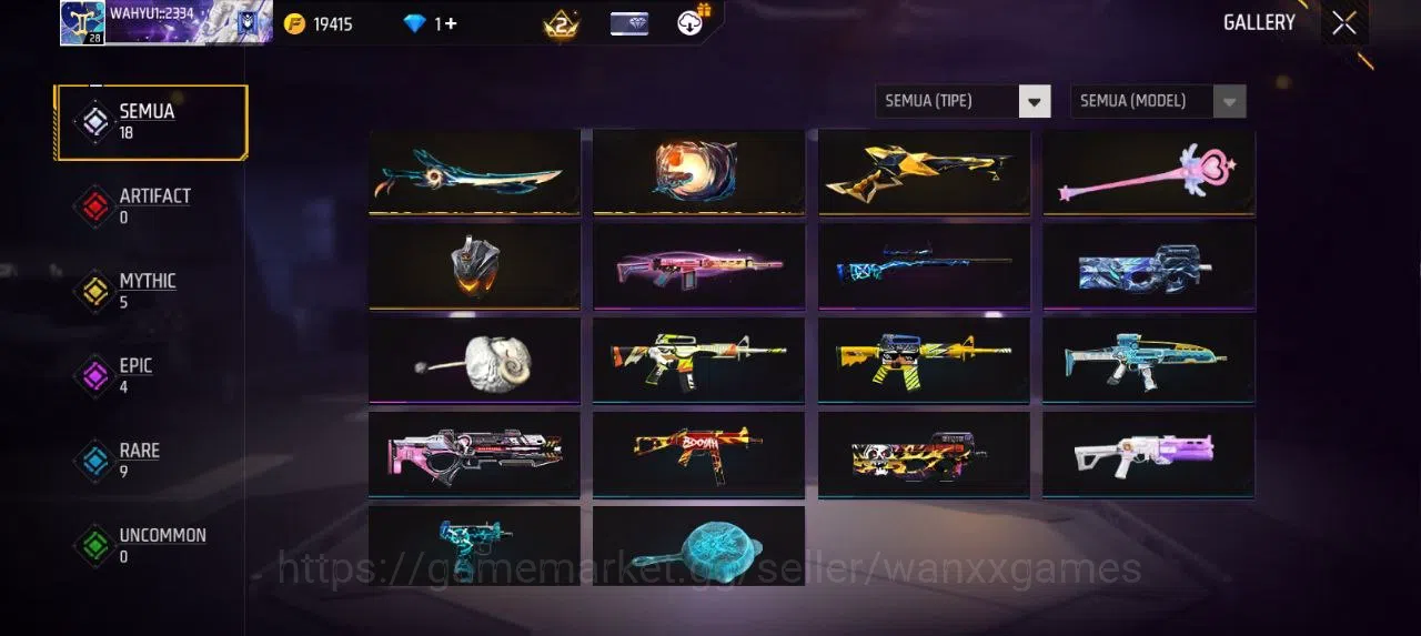 Free Fire Accounts Indonesia | SG GOLDEN GLARE VAULT 12 EMOTE 3 KATANA LOBY 1 TAS 6 WEAPON 18 | W067 5