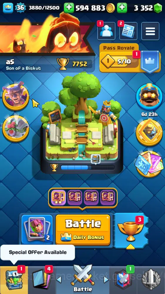 Lvl 36|Trophy 7752|KTL 12|Limit Skin|Card 119|1 Hero 8 EVO 6 Champ 21 Legendary 33 Epic,30 Rare|12 WS+3k Gem|Take Email(CR1210) Clash Royale Midgame Lvl 36|Trophy 7752|KTL 12|Limit Skin|Card 119|1 He image 1