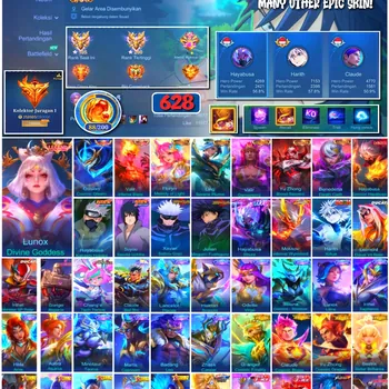 Mobile Legends: Bang Bang Accounts #4213 628 Skins Lunox Divine Goddess Naruto Collab Jujutsu Kaisen Collab Kakashi Hatake