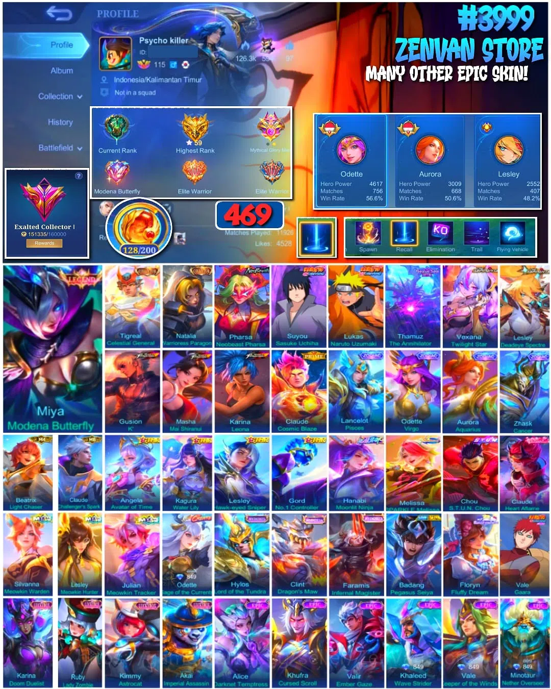 Mobile Legends: Bang Bang Accounts π₯ #3999 π₯ 469 Skins π Exalted Collector I π Legend Skin βοΈ Naruto Sasuke & Naruto 1