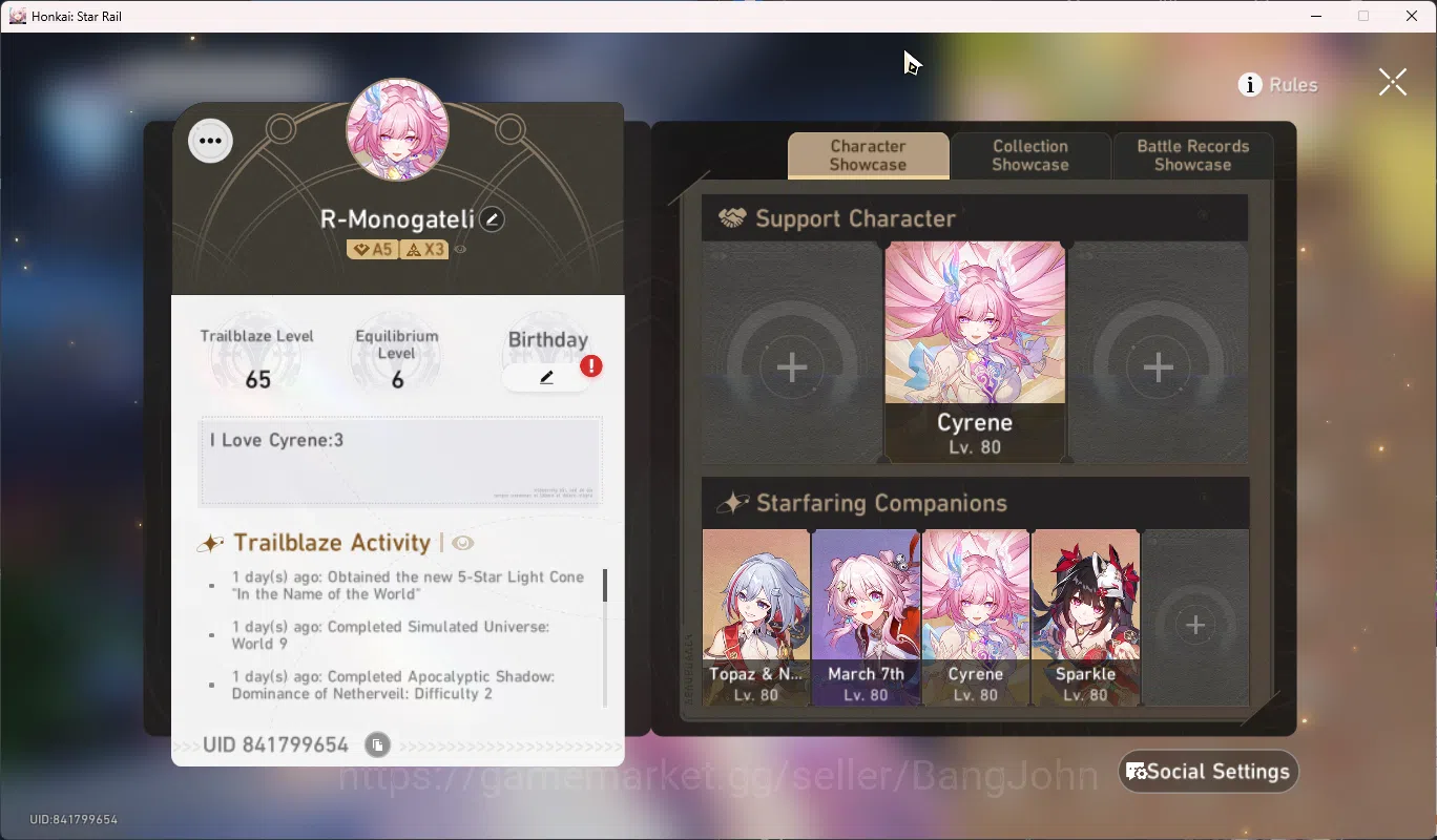 Honkai Star Rail Accounts ASIA | TL 65 | 6 Limit | 5 Golden Ticket  Cyrene E image 9