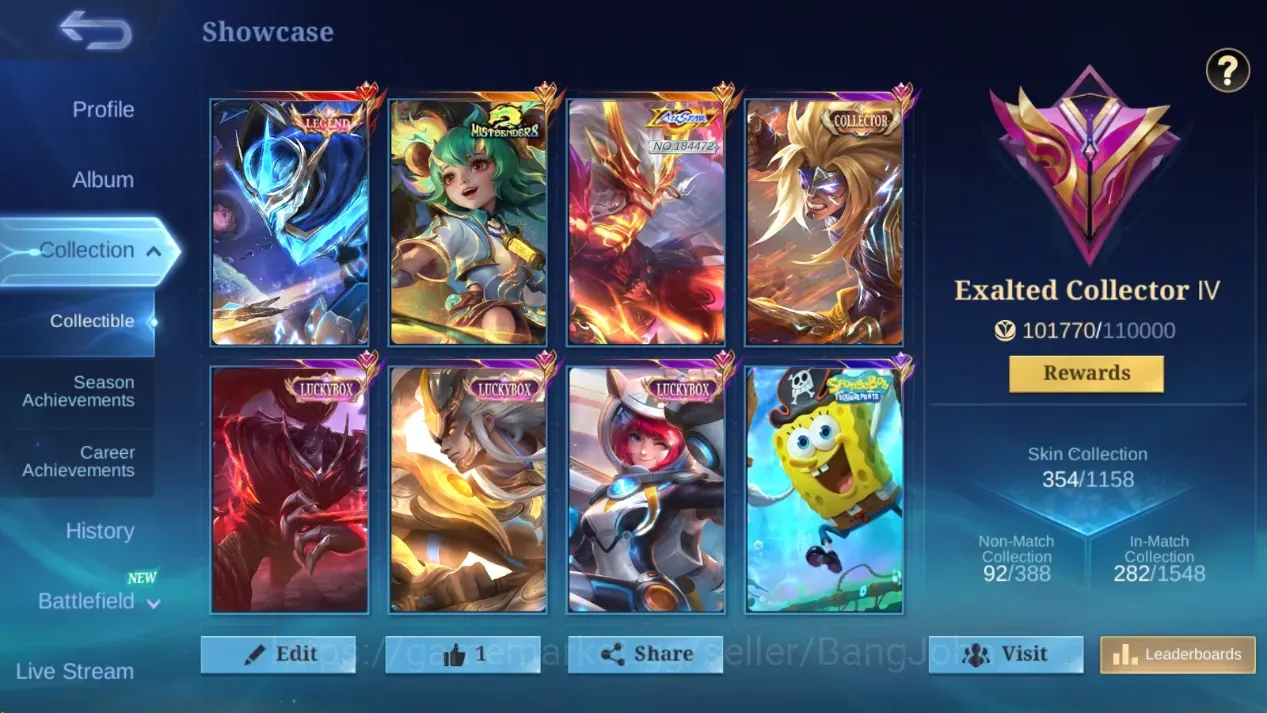 Mobile Legends: Bang Bang Accounts Collector Global|134H 354S|Exalted|Legend Gusion|Allstar Moskov|Mistbender 1