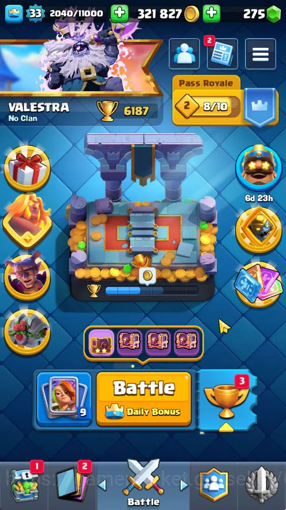 Lvl 33|Trophy 6187|KTL 11|Card 109|6 Evo 1 Champ 17 Legend 33 Epic 30 Rare 29 Common|275 Gems|Take Email(CR803) Clash Royale Starter Lvl 33|Trophy 6187|KTL 11|Card 109|6 Evo 1 Champ 1 image 1