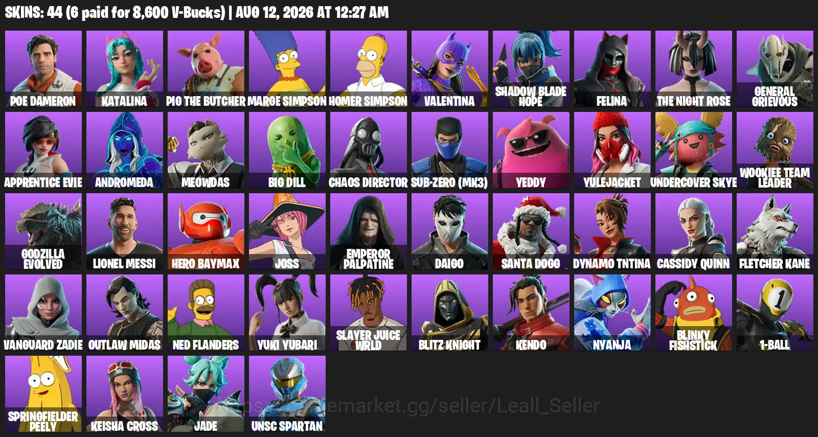 Fortnite Accounts 44 Skins | 127 Pickaxes | 73 Emotes | 85 Gliders | Level 1,626 | All Platforms | Homer Simpson, Marge 1