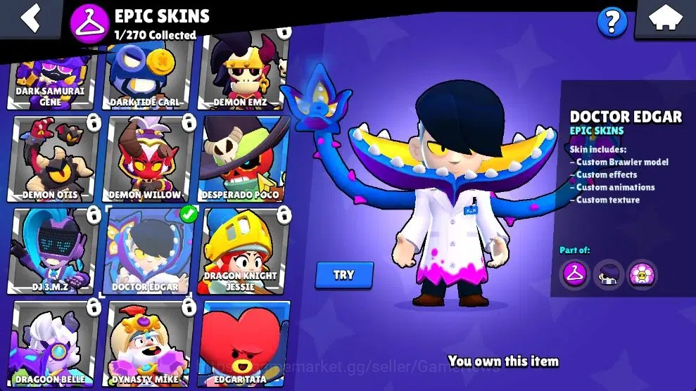 Brawl Stars Accounts 1004 Trophy|15 Brawlers 3 Max Lv [Gus,Rico,Shelly]Myth Mortis|1 Epic Skins [Dr Edgar]|3 Buffies|CN 7