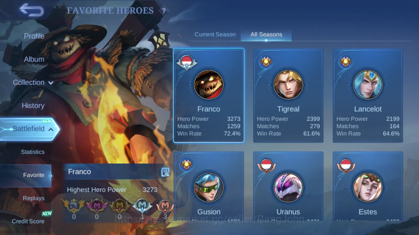 Mobile Legends: Bang Bang Accounts Others Hero 131 | Skin 240 | Recall Epic Biru / Tas tas | Zodiac Lancelot | Transformers 3
