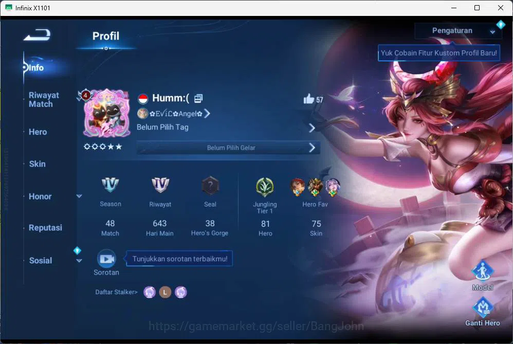 Honor of Kings Accounts GLOBAL | hero 81, skin 75,blessed mai shiranui, 22 image 10