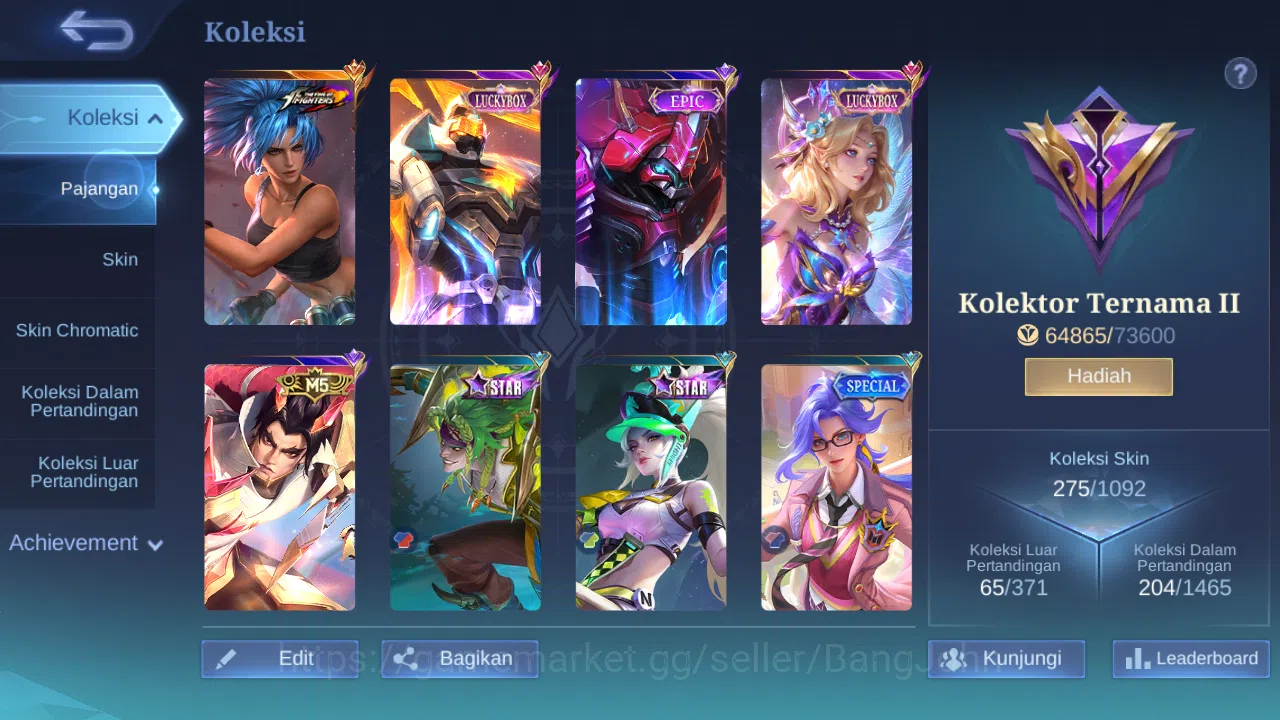 Mobile Legends: Bang Bang Accounts Others Hero 120 Skin 275 | KOF Karina | Luckybox Lunox, Gatot | Zodiac Lunox | Epic 12