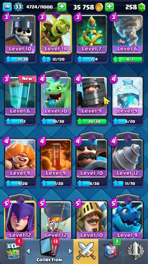Clash Royale Accounts Midgame Lv 33|Trophy 5797|KTL 11|Limited Skin|Card 103| 1 HERO 4 EVO 1 Champ 11 Legendary 32 Epic 30 10