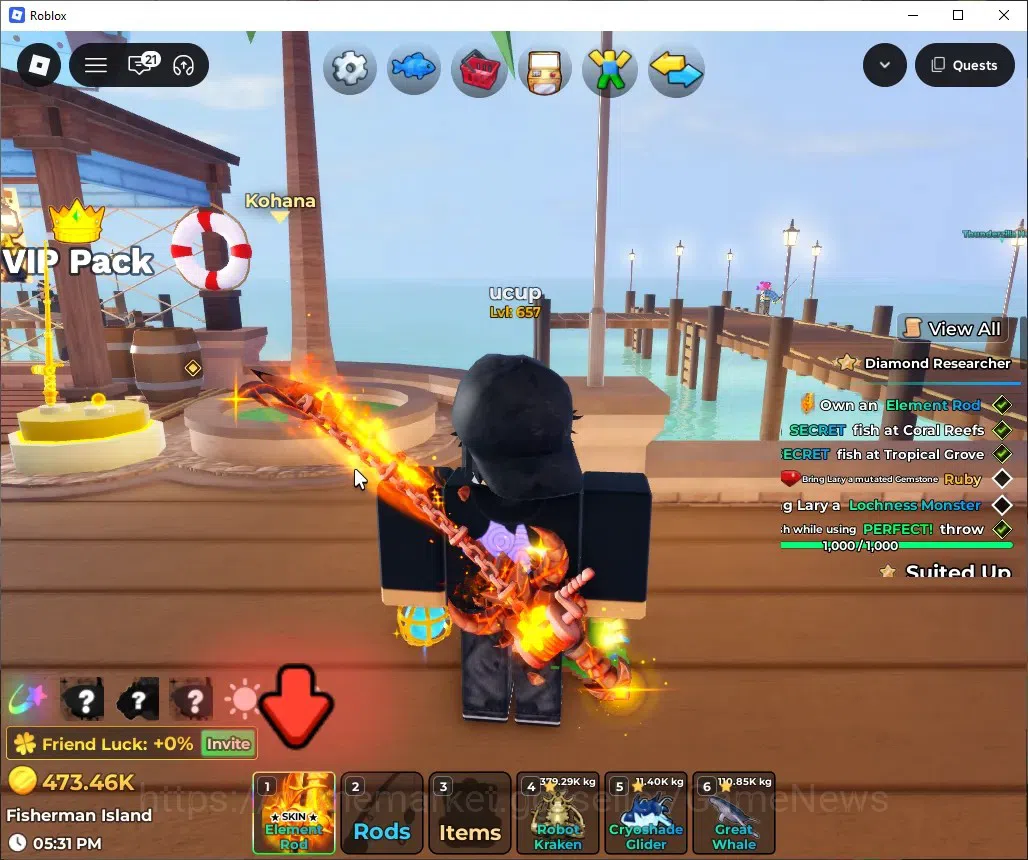 Roblox Accounts FISH IT |Lvl 657|1 Secret Rod (Element),3 Myth+1 Myth Skin|5 Mythic Bait|11 SC Fish(Leviathan,Etc)|Take 1