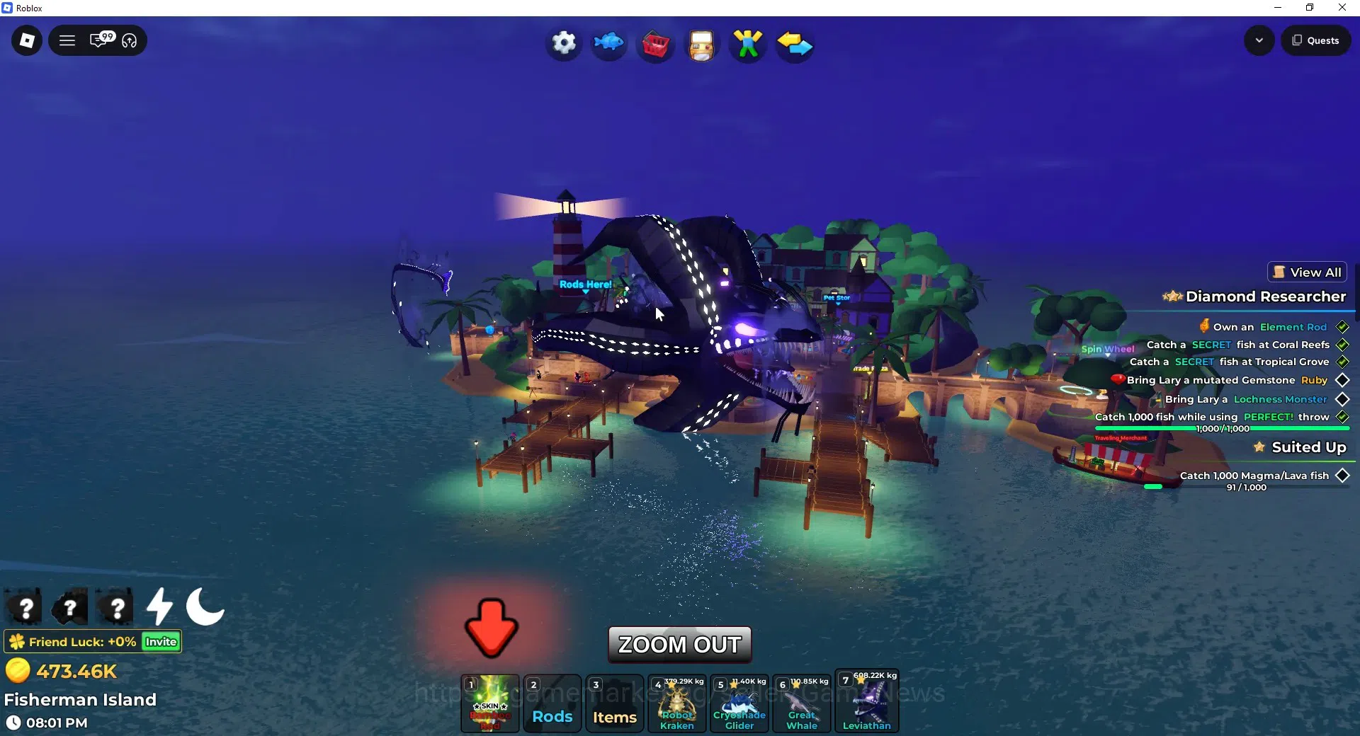 Roblox Accounts FISH IT |Lvl 657|1 Secret Rod (Element),3 Myth+1 Myth Skin|5 Mythic Bait|11 SC Fish(Leviathan,Etc)|Take 15
