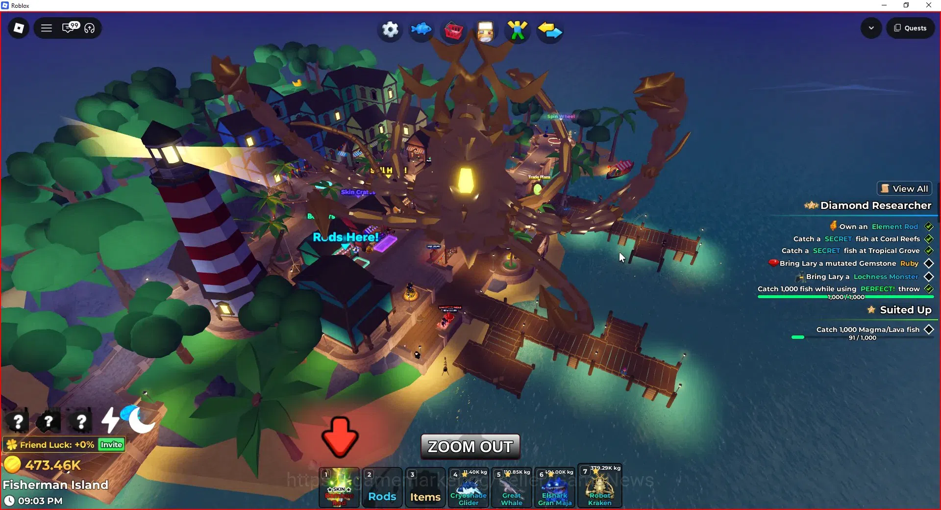 Roblox Accounts FISH IT |Lvl 657|1 Secret Rod (Element),3 Myth+1 Myth Skin|5 Mythic Bait|11 SC Fish(Leviathan,Etc)|Take 17