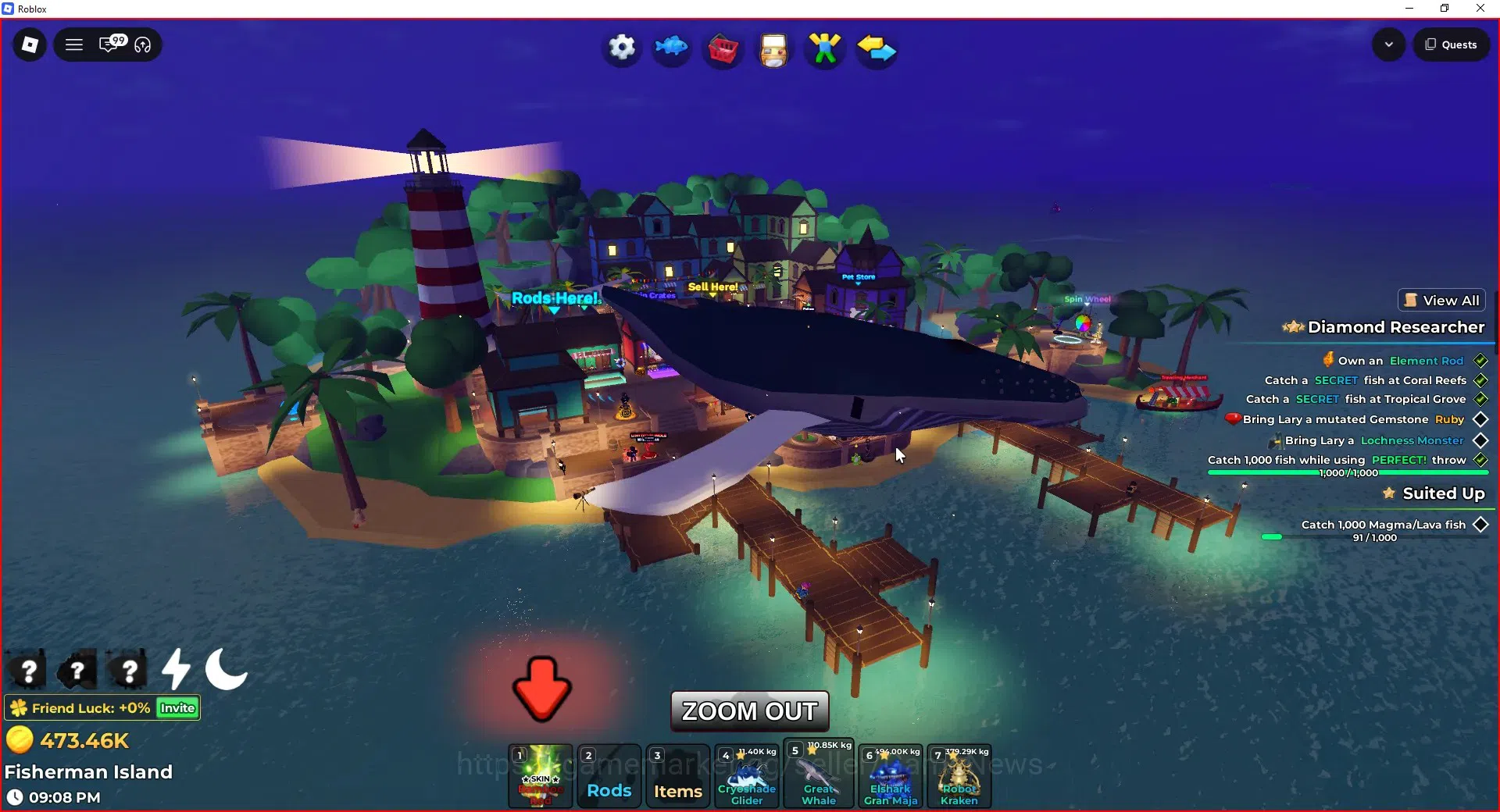 Roblox Accounts FISH IT |Lvl 657|1 Secret Rod (Element),3 Myth+1 Myth Skin|5 Mythic Bait|11 SC Fish(Leviathan,Etc)|Take 18