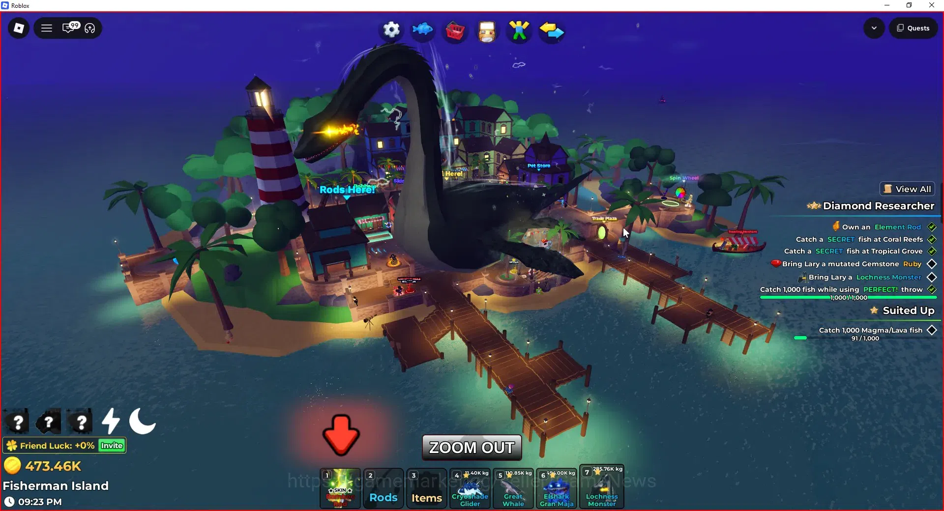 Roblox Accounts FISH IT |Lvl 657|1 Secret Rod (Element),3 Myth+1 Myth Skin|5 Mythic Bait|11 SC Fish(Leviathan,Etc)|Take 19