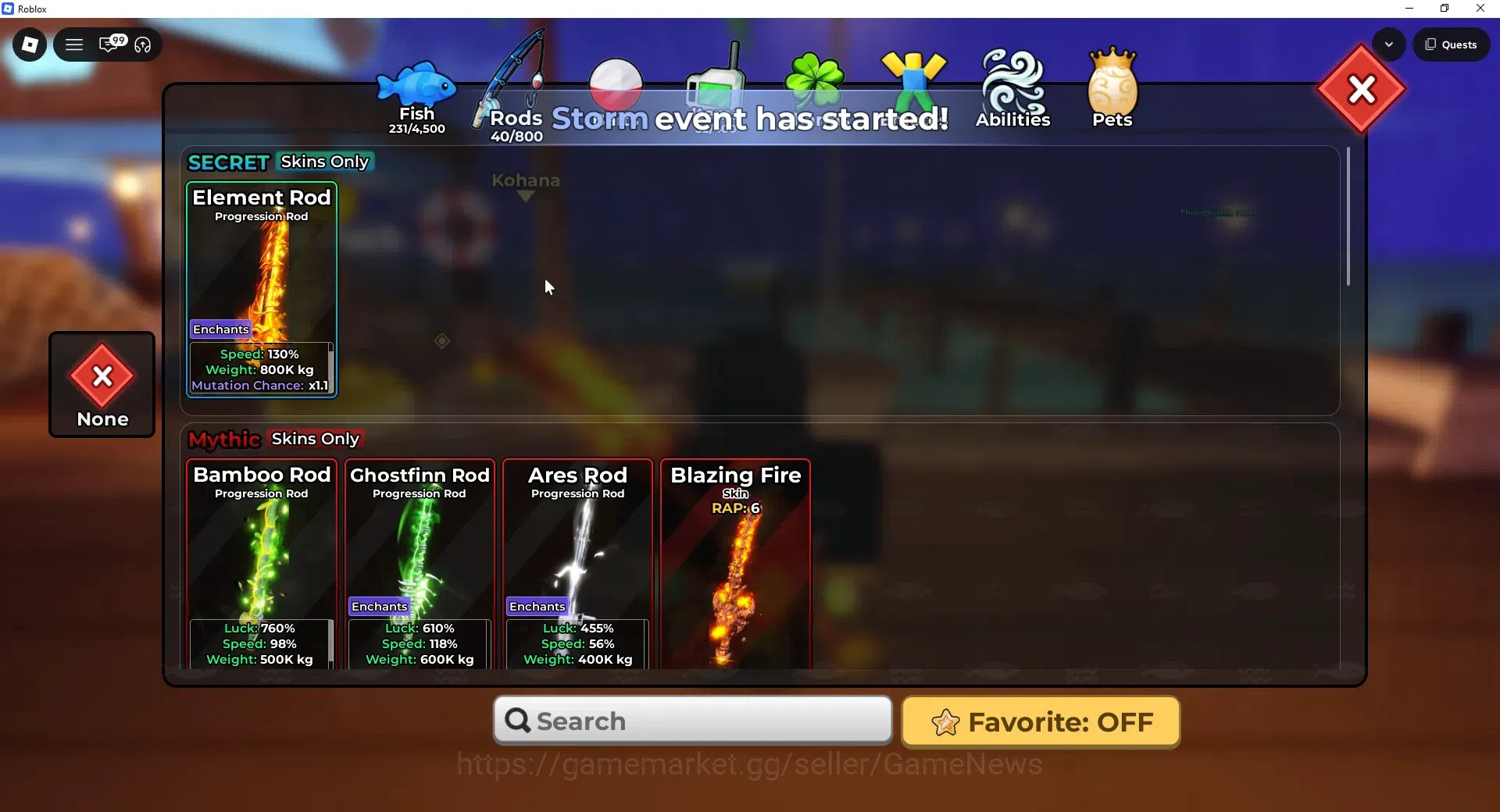 Roblox Accounts FISH IT |Lvl 657|1 Secret Rod (Element),3 Myth+1 Myth Skin|5 Mythic Bait|11 SC Fish(Leviathan,Etc)|Take 2
