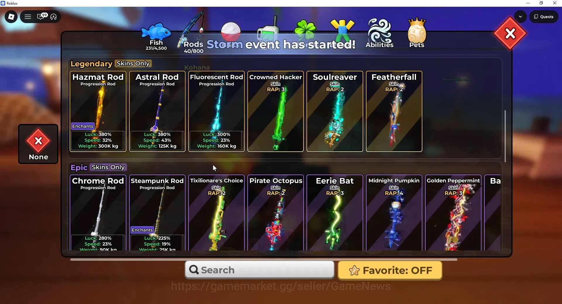 Roblox Accounts FISH IT |Lvl 657|1 Secret Rod (Element),3 Myth+1 Myth Skin|5 Mythic Bait|11 SC Fish(Leviathan,Etc)|Take 3