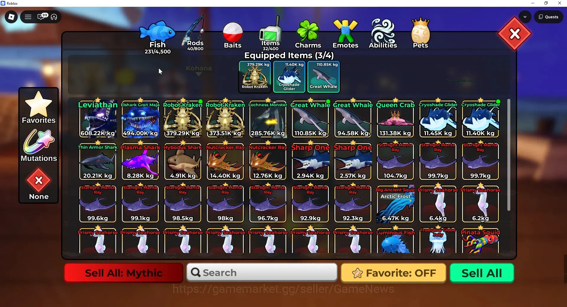 Roblox Accounts FISH IT |Lvl 657|1 Secret Rod (Element),3 Myth+1 Myth Skin|5 Mythic Bait|11 SC Fish(Leviathan,Etc)|Take 5