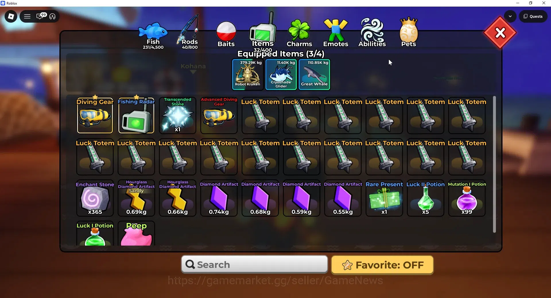 Roblox Accounts FISH IT |Lvl 657|1 Secret Rod (Element),3 Myth+1 Myth Skin|5 Mythic Bait|11 SC Fish(Leviathan,Etc)|Take 8