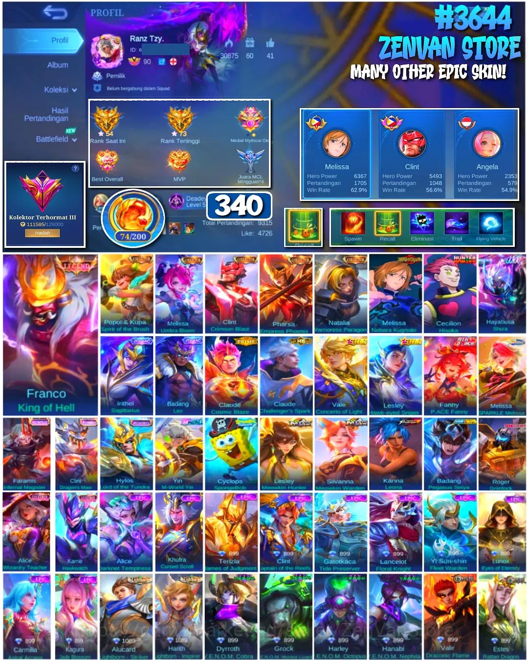 Mobile Legends: Bang Bang Accounts #3644 340 Skins | Legend Franco | 5 Collectors | J image 1