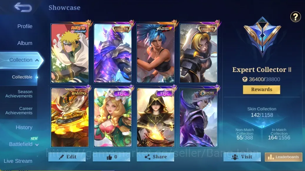Mobile Legends: Bang Bang Accounts Collector Global|96H 142S|Expert|Naruto Gusion|Collector Gusion|KOF Karina|Collector 1