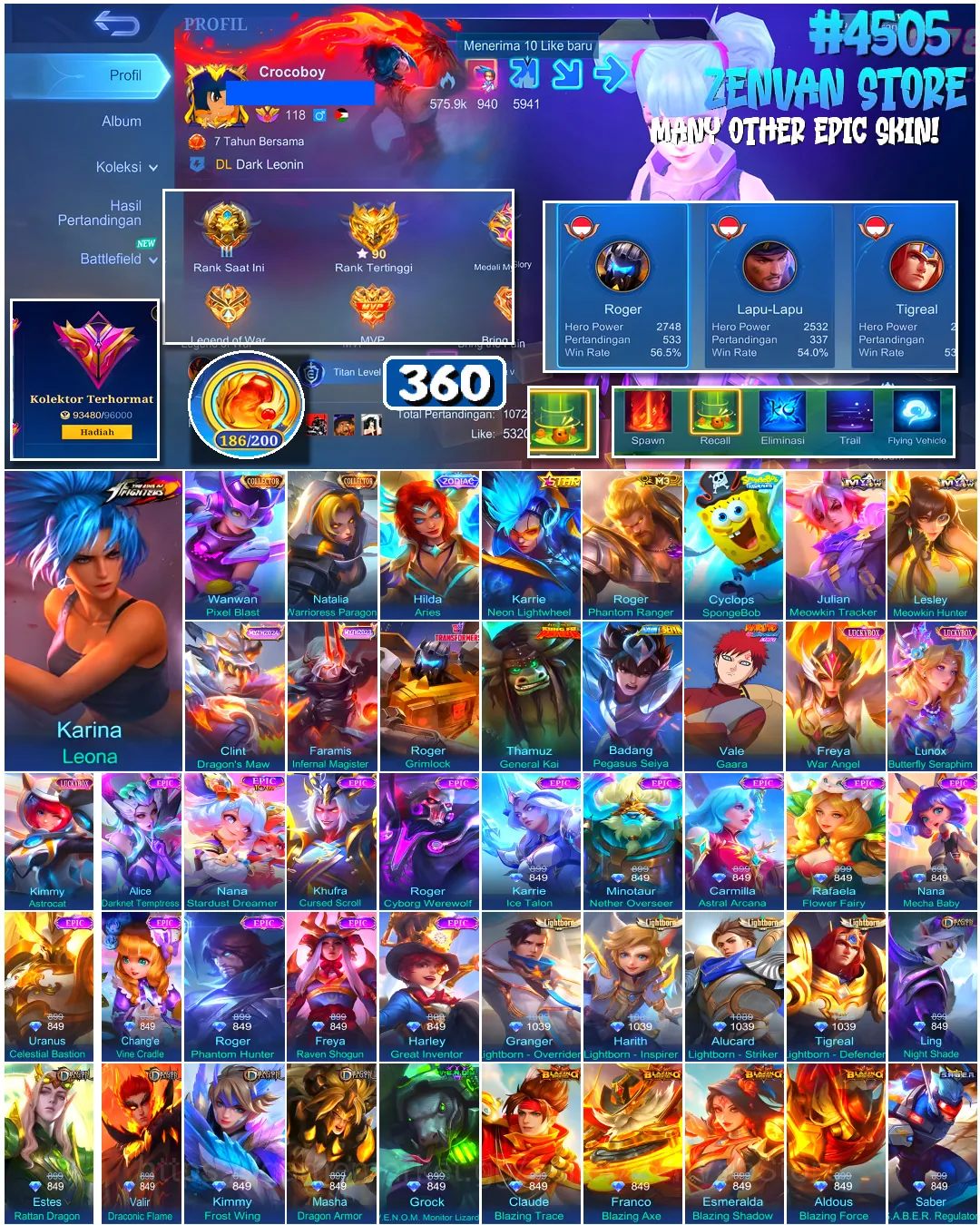 Mobile Legends: Bang Bang Accounts #4505 360 Skins | Karina Leona (KOF) | Roger Grimlock (TRANSFORMERS) | Thamuz General Kai 1