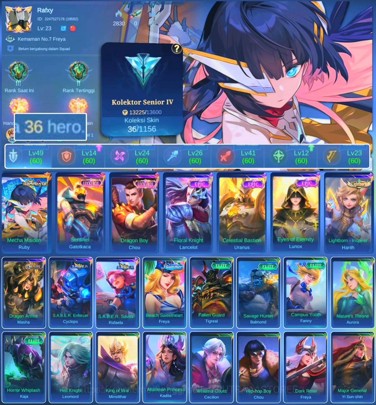 Mobile Legends: Bang Bang Accounts Smurf HERO 36 SKIN 36 | EMBLEM GOOD| ASPIRANT RUBY| LUCKBOX GATOTKACA| LUCKBOX CHOU 1