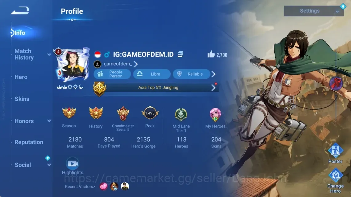 Honor of Kings Accounts Rare Skin Global|113H 204S|Precious: Mikasa&Eren|KIC: Luna|5 Legend|SXD:Hou 1