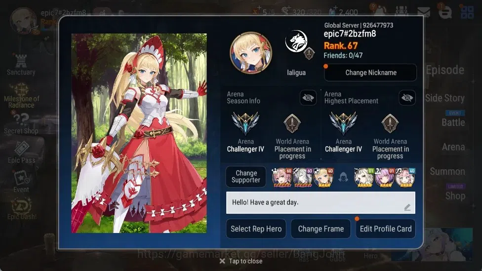 Epic Seven Accounts Limited Hero Global Unverif | 8 ML(E Ilynav,RO Light,LW Peira,SS Vivian,Etc.)|SS 2.4K|Stigma 254K |Log 1