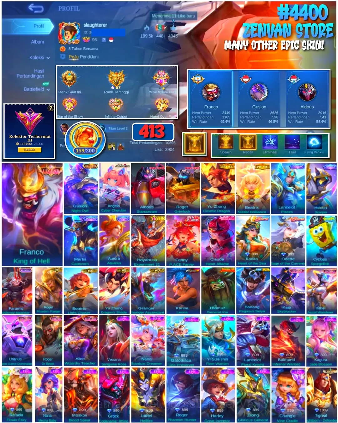 Mobile Legends: Bang Bang Accounts #4400 413 Skins | Franco King of Hell (LEGEND) | Aldous Starscream (TRANSFORMERS) | Roger 1