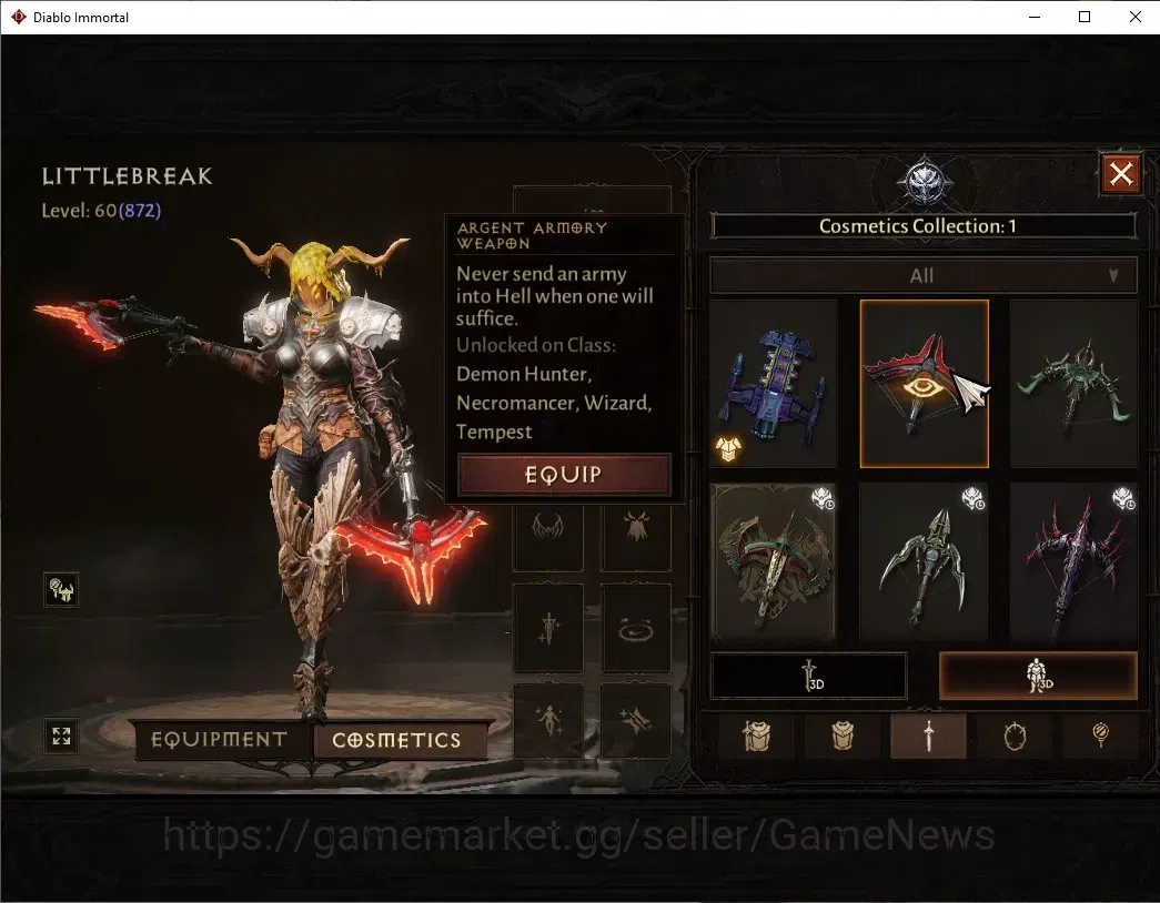 Diablo Immortal Accounts High-End SEA - Anu|CS ON|Lv60(872) Demon Hunter|44518 CR|Reso 390|Paragon Vanquisher|Inferno III|3 10