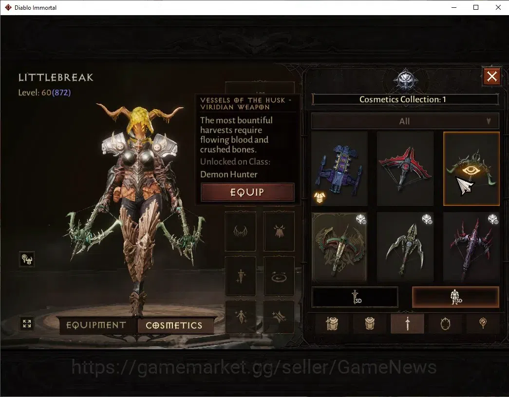 Diablo Immortal Accounts High-End SEA - Anu|CS ON|Lv60(872) Demon Hunter|44518 CR|Reso 390|Paragon Vanquisher|Inferno III|3 11