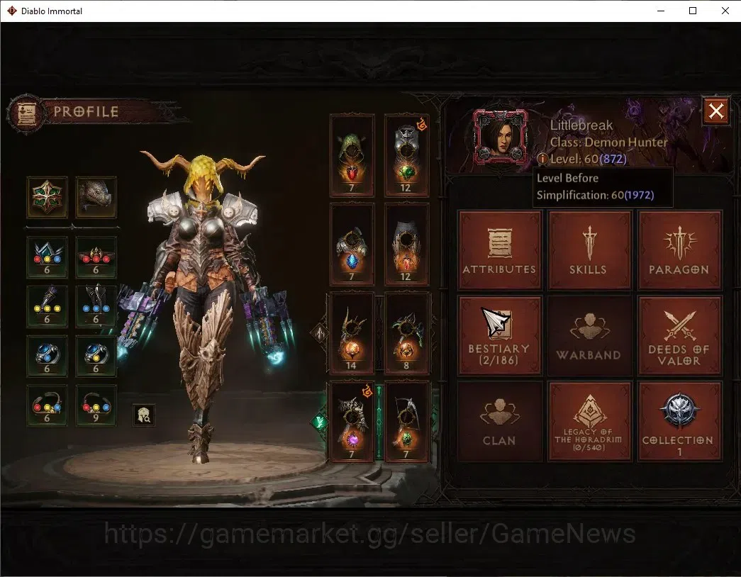 Diablo Immortal Accounts High-End SEA - Anu|CS ON|Lv60(872) Demon Hunter|44518 CR|Reso 390|Paragon Vanquisher|Inferno III|3 3