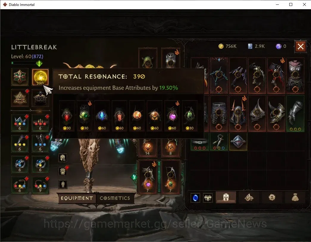 Diablo Immortal Accounts High-End SEA - Anu|CS ON|Lv60(872) Demon Hunter|44518 CR|Reso 390|Paragon Vanquisher|Inferno III|3 5