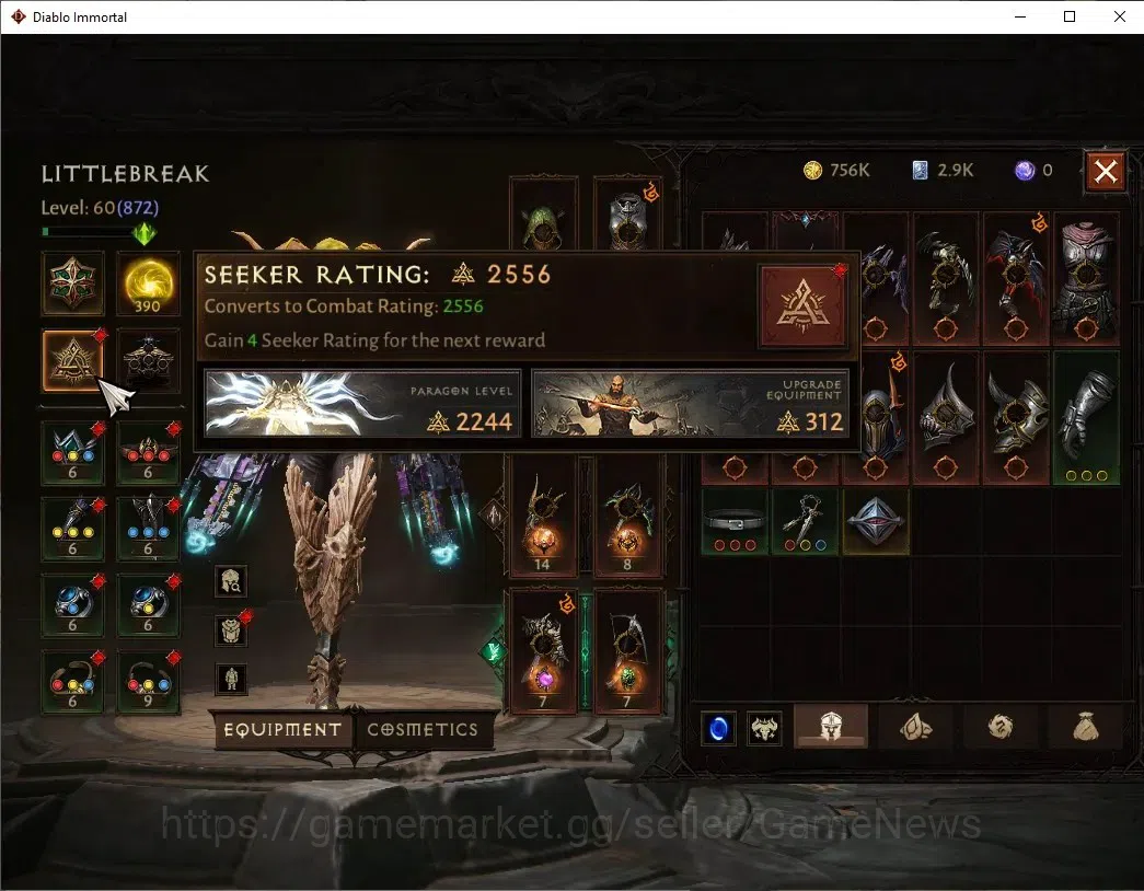 Diablo Immortal Accounts High-End SEA - Anu|CS ON|Lv60(872) Demon Hunter|44518 CR|Reso 390|Paragon Vanquisher|Inferno III|3 6