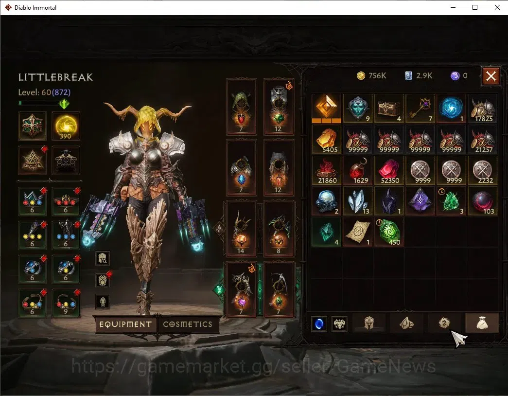 Diablo Immortal Accounts High-End SEA - Anu|CS ON|Lv60(872) Demon Hunter|44518 CR|Reso 390|Paragon Vanquisher|Inferno III|3 8