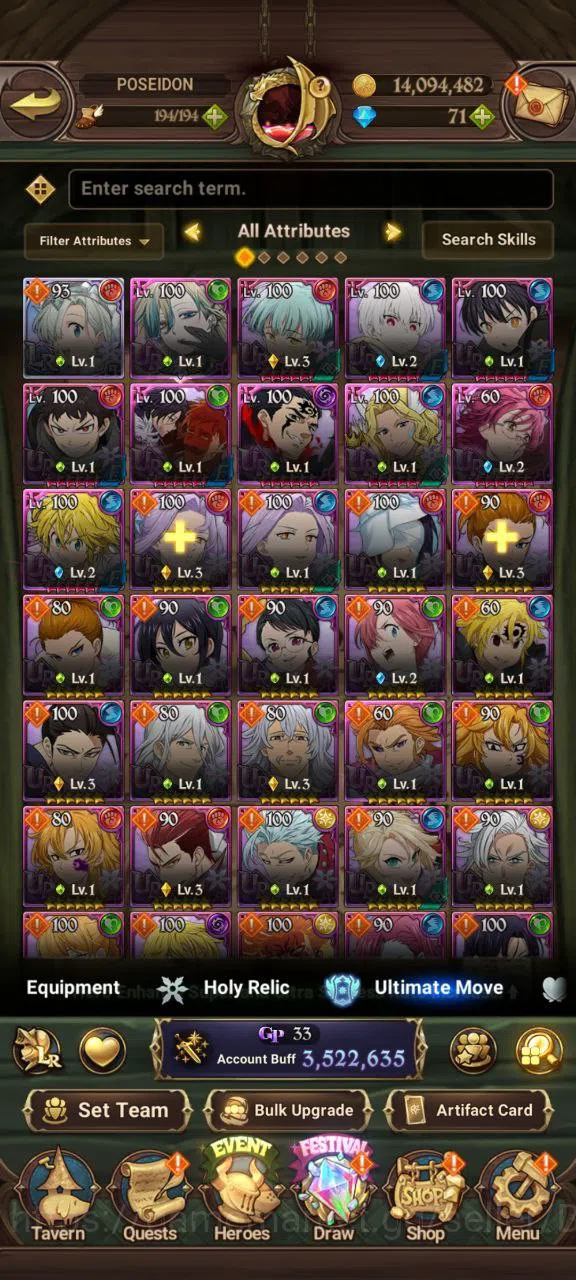 The Seven Deadly Sins: Grand Cross Accounts Others ASIA | 3.5M | 1 LR |Salos, ODK, Merlin Esca, Full collab FF| cek SS 12