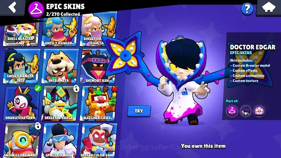 Brawl Stars Accounts 1091 Trophy|5K Bling 21K Coins|24 Brawlers 1 Max Lvl|2 Epic Skins [Shukuteki Tara,Dr Edgar]|8K PP|Cn 9