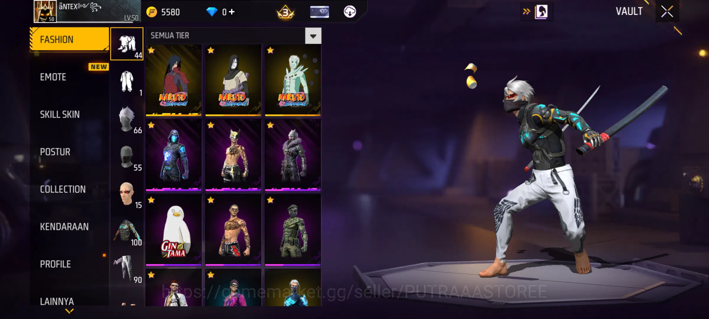 Free Fire Accounts Indonesia - sg trompet - vault rame - naruto ada 3 , anim loby 2