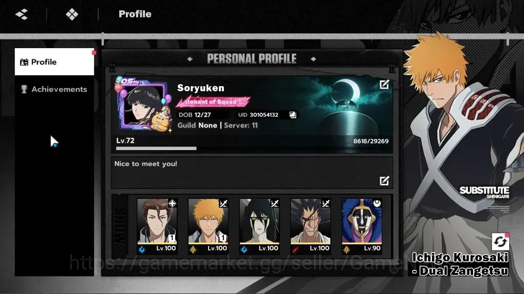 BLEACH: Soul Resonance Accounts NuverseSEA|Lv72|14 SSR|12 Sign|(Ichigo 1